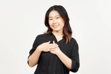 Beyaz arka planda tecrit edilmiş Asyalı Güzel Kadın 'ın Minnettar ve Kendine Sevgi Hareketi