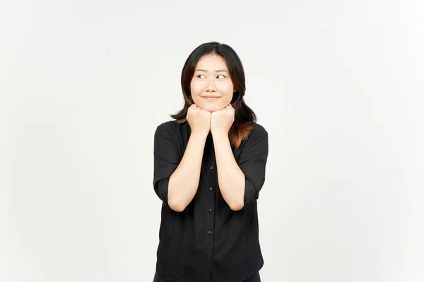 Sorriso Olhar Afastado Pensando Bela Mulher Asiática Isolada Fundo Branco — Fotografia de Stock