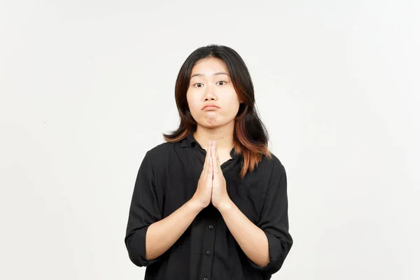 Implorando Para Pedir Desculpa Bela Mulher Asiática Isolada Fundo Branco — Fotografia de Stock