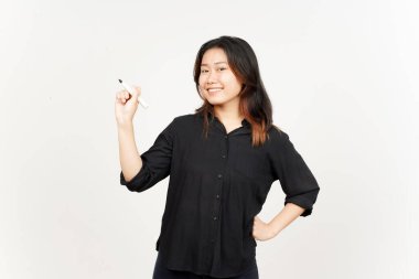 Beyaz arka planda tecrit edilmiş Güzel Asyalı Kadın Öğretim Konsepti