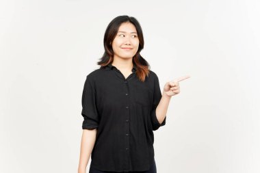 Beyaz arka planda tecrit edilmiş Güzel Asyalı Kadın 'ın Ürün ve İşaret Tarafı