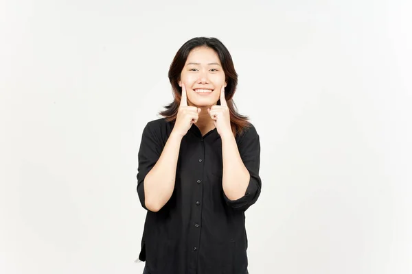 Χαμογελάστε Κοιτάζοντας Την Κάμερα Του Beautiful Asian Woman Απομονωμένη Λευκό — Φωτογραφία Αρχείου