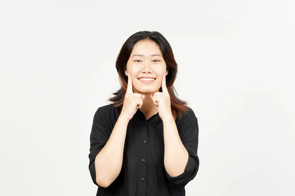 Sorriso Olhando Para Câmera Bela Mulher Asiática Isolada Fundo Branco — Fotografia de Stock