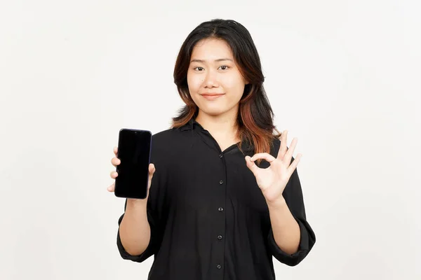 Toon Apps Advertenties Leeg Scherm Smartphone Van Mooie Aziatische Vrouw — Stockfoto