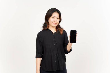 Beyaz Arkaplanda İzole Edilmiş Güzel Asyalı Kadın 'ın Boş Ekran Telefonundaki Uygulamaları veya İlanları Gösteriliyor