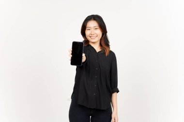 Beyaz Arkaplanda İzole Edilmiş Güzel Asyalı Kadın 'ın Boş Ekran Telefonundaki Uygulamaları veya İlanları Gösteriliyor