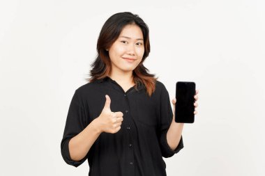 Beyaz Arkaplanda İzole Edilmiş Güzel Asyalı Kadın 'ın Boş Ekran Telefonundaki Uygulamaları veya İlanları Gösteriliyor