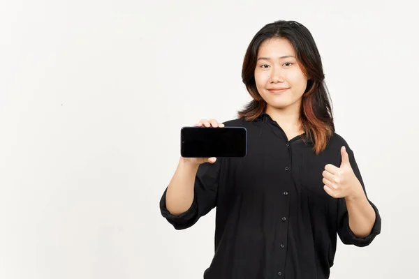 Mostrando Aplicaciones Anuncios Pantalla Blanco Smartphone Hermosa Mujer Asiática Aislado —  Fotos de Stock
