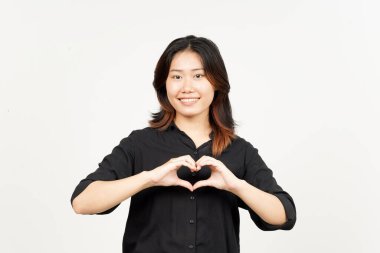 Beyaz arka planda izole edilmiş Güzel Asyalı Kadın 'ın Aşk İşareti
