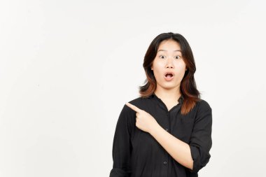 Beyaz arka planda tecrit edilmiş Güzel Asyalı Kadın 'ın Ürün ve İşaret Tarafı