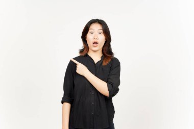 Beyaz arka planda tecrit edilmiş Güzel Asyalı Kadın 'ın Ürün ve İşaret Tarafı