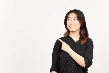 Beyaz arka planda tecrit edilmiş Güzel Asyalı Kadın 'ın Ürün ve İşaret Tarafı