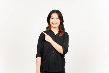 Beyaz arka planda tecrit edilmiş Güzel Asyalı Kadın 'ın Ürün ve İşaret Tarafı