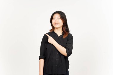 Beyaz arka planda tecrit edilmiş Güzel Asyalı Kadın 'ın Ürün ve İşaret Tarafı