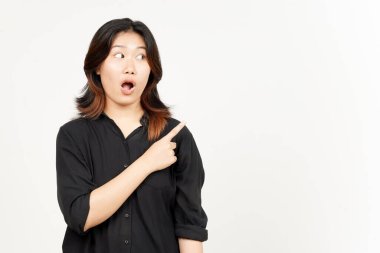 Beyaz arka planda tecrit edilmiş Güzel Asyalı Kadın 'ın Ürün ve İşaret Tarafı