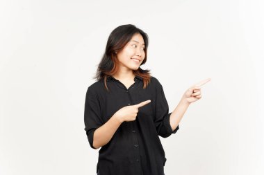 Beyaz arka planda tecrit edilmiş Güzel Asyalı Kadın 'ın Ürün ve İşaret Tarafı