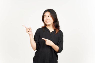 Beyaz arka planda tecrit edilmiş Güzel Asyalı Kadın 'ın Ürün ve İşaret Tarafı