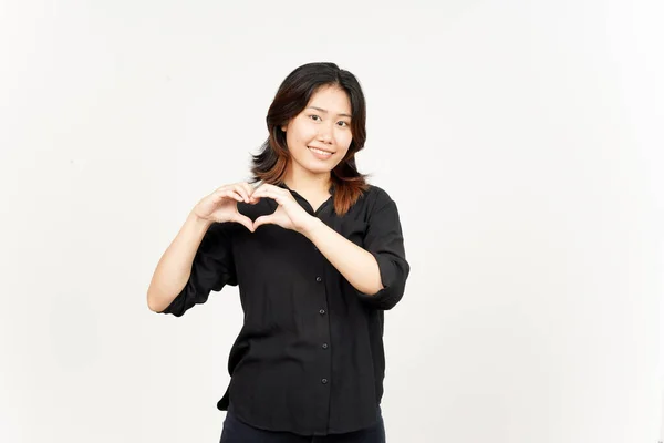 Showing Love Sign Beautiful Asian Woman Isolated White Background — Stock Photo, Image