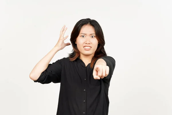 Pointing Camera Angry Gesture Beautiful Asian Woman Isolated White Background — 스톡 사진