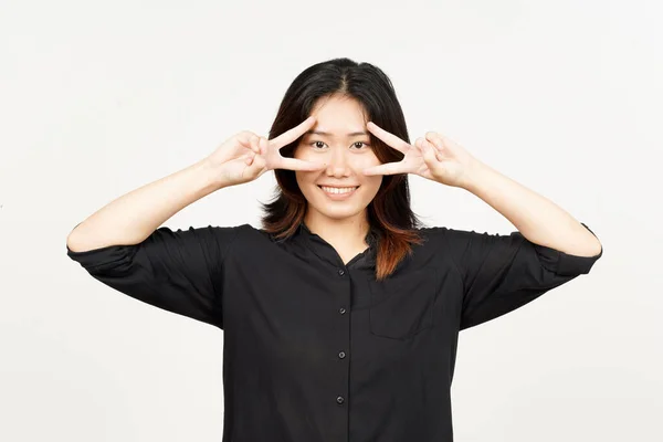 Zeigen Des Friedens Zeichen Der Schönen Asiatischen Frau Isoliert Auf — Stockfoto
