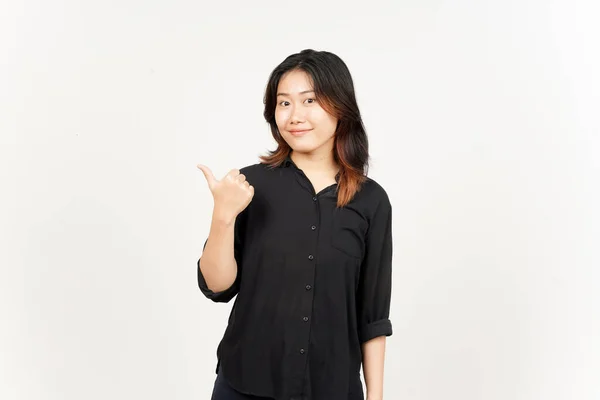 Presenting Pointing Side Product Using Thumb Beautiful Asian Woman Isolated — Stock Photo, Image