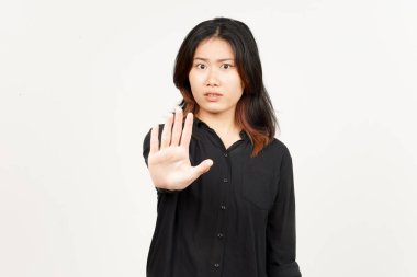 Beyaz arka planda tecrit edilmiş Güzel Asyalı Kadın 'ın Reddedilme ve El Hareketi