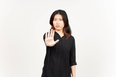 Beyaz arka planda tecrit edilmiş Güzel Asyalı Kadın 'ın Reddedilme ve El Hareketi