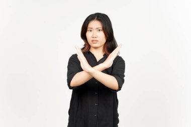 Reddedilmek için çapraz eller Beyaz arka planda tecrit edilmiş güzel Asyalı kadının jesti