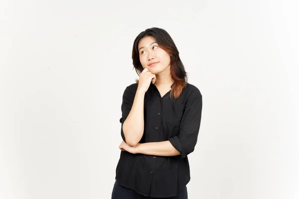 Réflexion Geste Belle Asiatique Femme Isolé Sur Fond Blanc — Photo