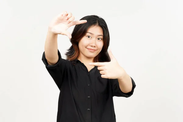 Fazer Quadro Com Mãos Bela Mulher Asiática Isolada Fundo Branco — Fotografia de Stock