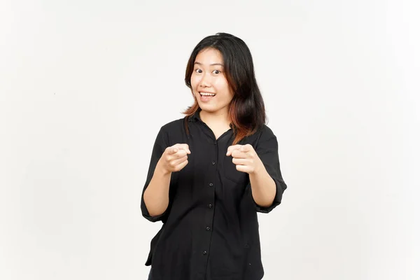 Sorriso Apontando Para Você Bela Mulher Asiática Isolada Fundo Branco — Fotografia de Stock