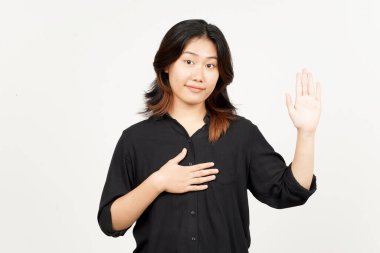 Beyaz arka planda tecrit edilmiş Güzel Asyalı Kadın 'ın yeminli hareketi