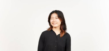 Beyaz arka planda izole edilmiş güzel Asyalı kadının kamerasına göz kırp