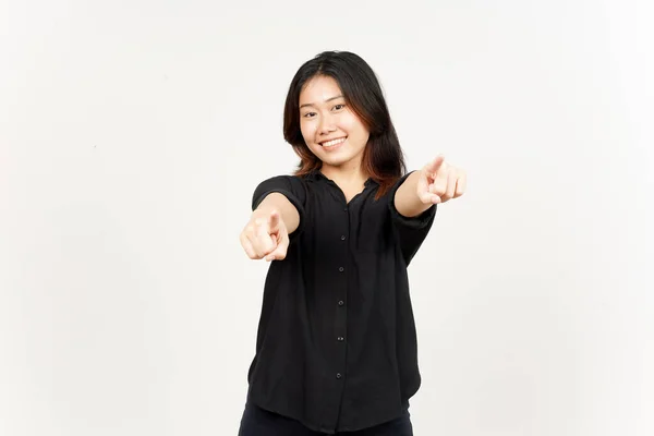 Sonriendo Apuntando Cámara Hermosa Mujer Asiática Aislada Sobre Fondo Blanco —  Fotos de Stock