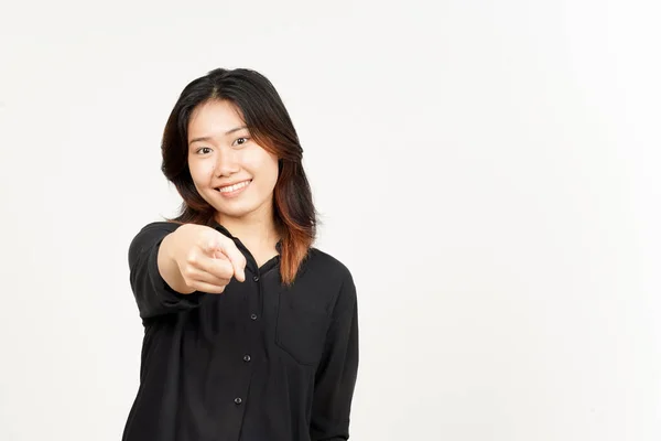 Usmívající Ukazuje Kameru Krásné Asijské Ženy Izolované Bílém Pozadí — Stock fotografie