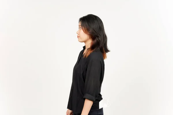 Zijaanzicht Staan Van Mooie Aziatische Vrouw Geïsoleerd Witte Achtergrond — Stockfoto