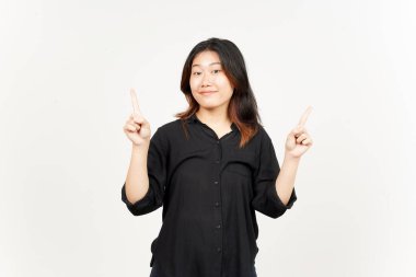 Beyaz arka planda tecrit edilmiş güzel Asyalı Kadın 'ın Ürünleri ve İşaretleri