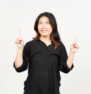 Beyaz arka planda tecrit edilmiş güzel Asyalı Kadın 'ın Ürünleri ve İşaretleri