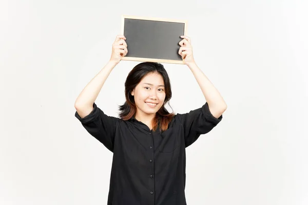 Mostrando Apresentando Segurando Blank Blackboard Bela Mulher Asiática Isolada Branco — Fotografia de Stock