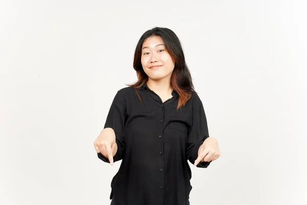 Peka Ner Och Visar Tom Kopia Utrymme Vacker Asiatisk Kvinna — Stockfoto