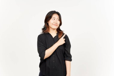 Beyaz arka planda tecrit edilmiş Güzel Asyalı Kadın 'ın Ürün ve İşaret Tarafı