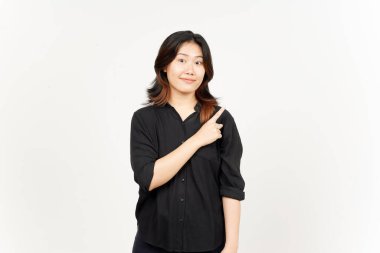 Beyaz arka planda tecrit edilmiş Güzel Asyalı Kadın 'ın Ürün ve İşaret Tarafı