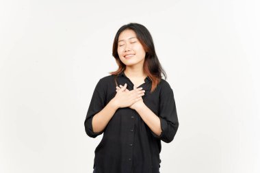 Beyaz arka planda izole edilmiş güzel Asyalı kadının minnet dolu jestleri.