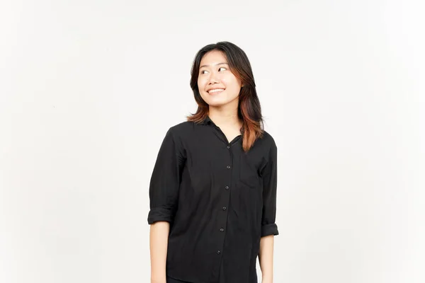 Sorria Desvie Olhar Bela Mulher Asiática Isolada Fundo Branco — Fotografia de Stock