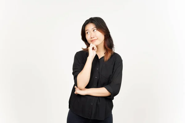 백지에서 고립된 아름다운 아시아 여자의 생각하는 — 스톡 사진