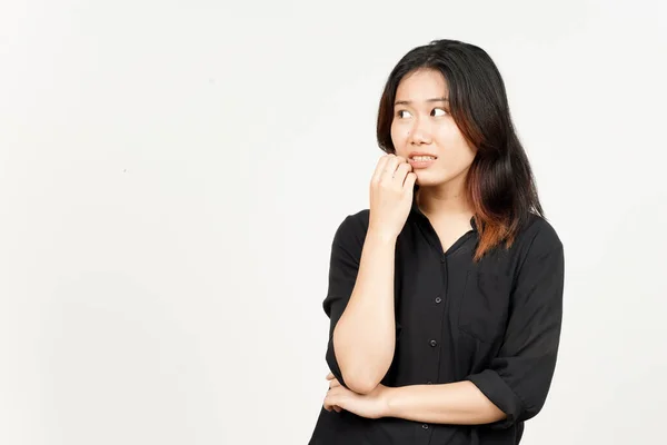 Pensando Gestos Bela Mulher Asiática Isolada Fundo Branco — Fotografia de Stock