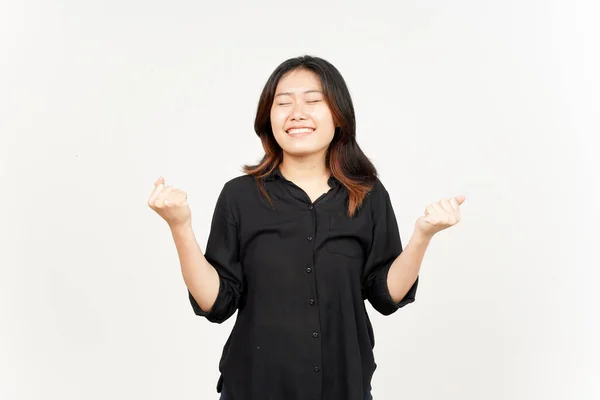 Celebrazione Gesto Bella Asiatica Donna Isolato Sfondo Bianco — Foto Stock