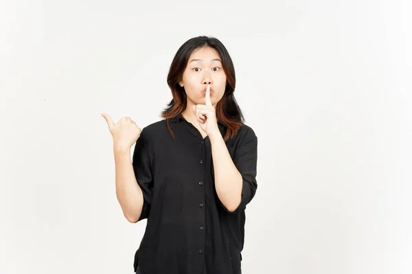 Shh Gesture Presenting Pointing Side Product Using Thumb Beautiful Asian — Stockfoto