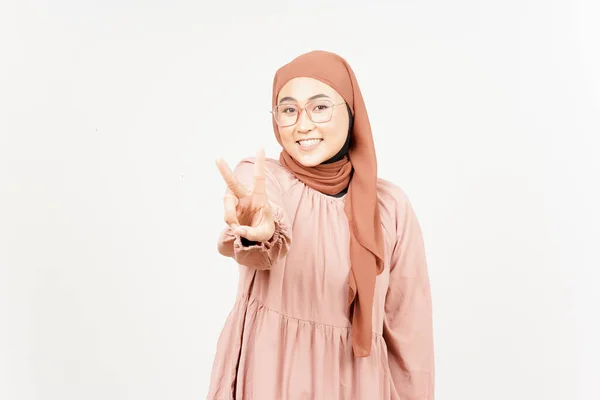 Showing Peace Victory Sign Beautiful Asian Woman Wearing Hijab Isolated —  Fotos de Stock