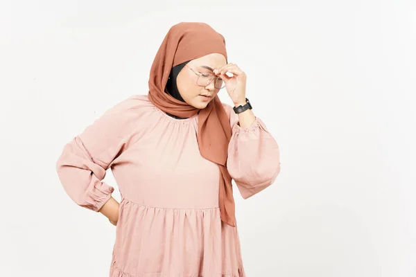 Suffering Headache Gesture Beautiful Asian Woman Wearing Hijab Isolated White — Φωτογραφία Αρχείου